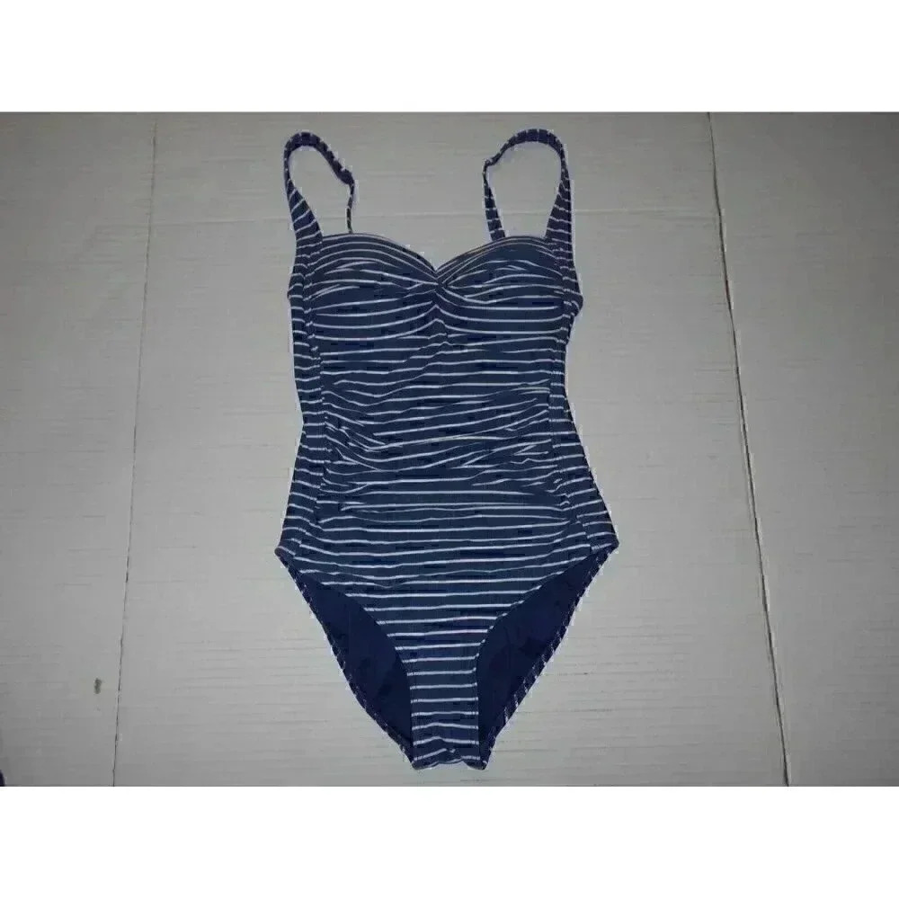 Nip Tuck Swimsuit 4 One Piece Striped Blue Denim Slimming Vacation Modest